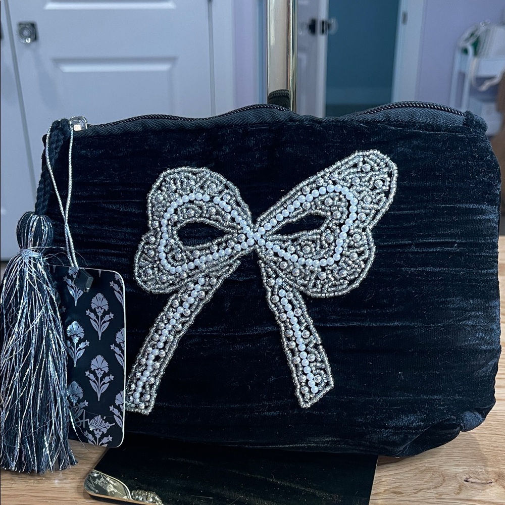 Elegant Black Velvet Clutch with Silver Bow NWT